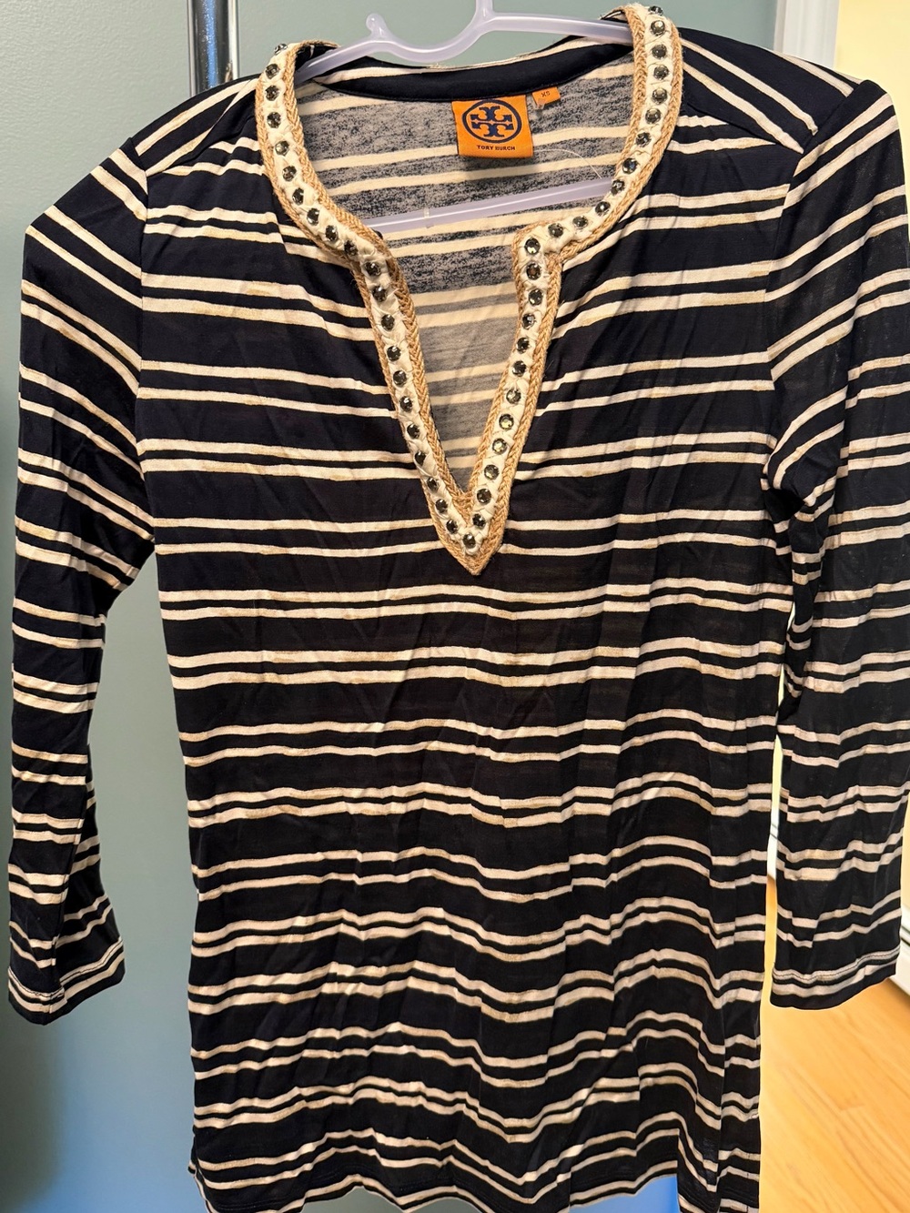 Tory Burch Women's Dk Navy & White Striped Embellished V-Neck Top 100% Silk